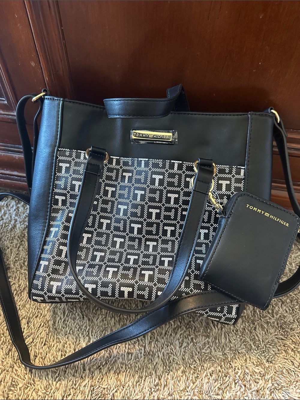Tommy Hilfiger Black Logo Tote with Coin Pouch and Strap